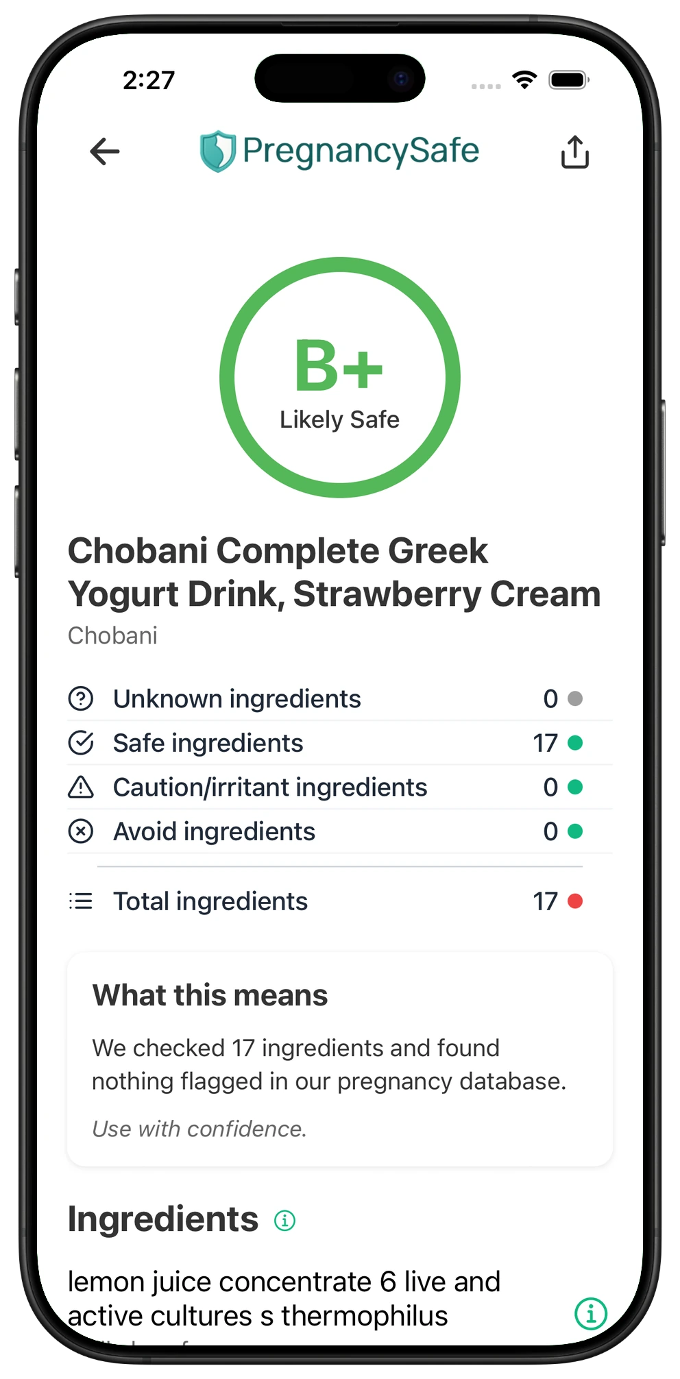 Pregnancy Safe app result for Chobani Complete Greek Yogurt Drink, Strawberry Cream