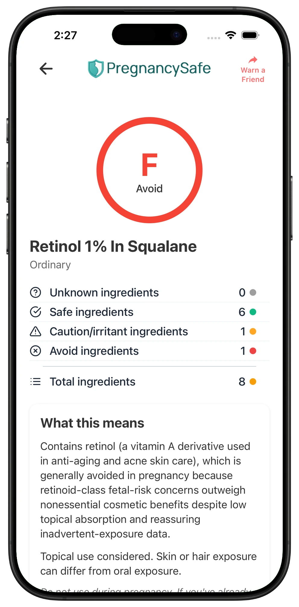 Pregnancy Safe app result for Retinol 1% In Squalane