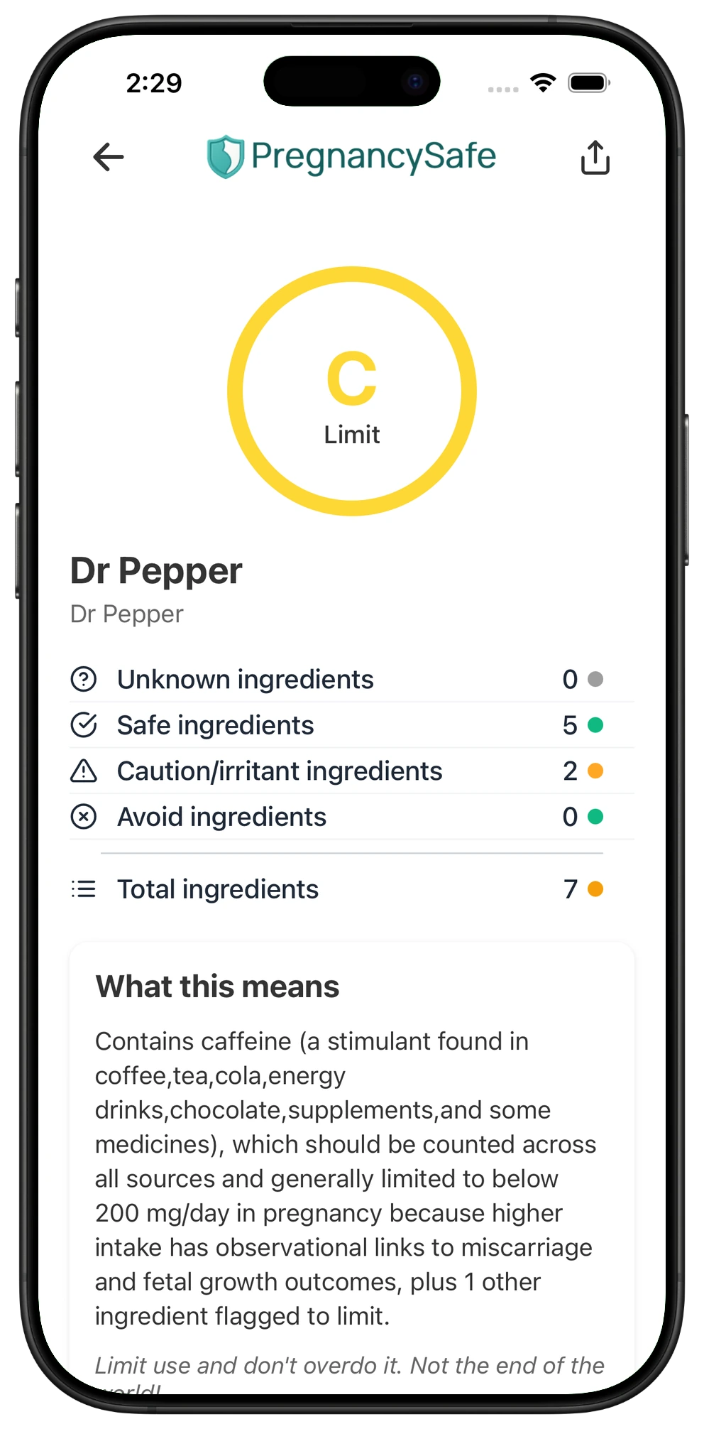 Pregnancy Safe app result for Dr Pepper