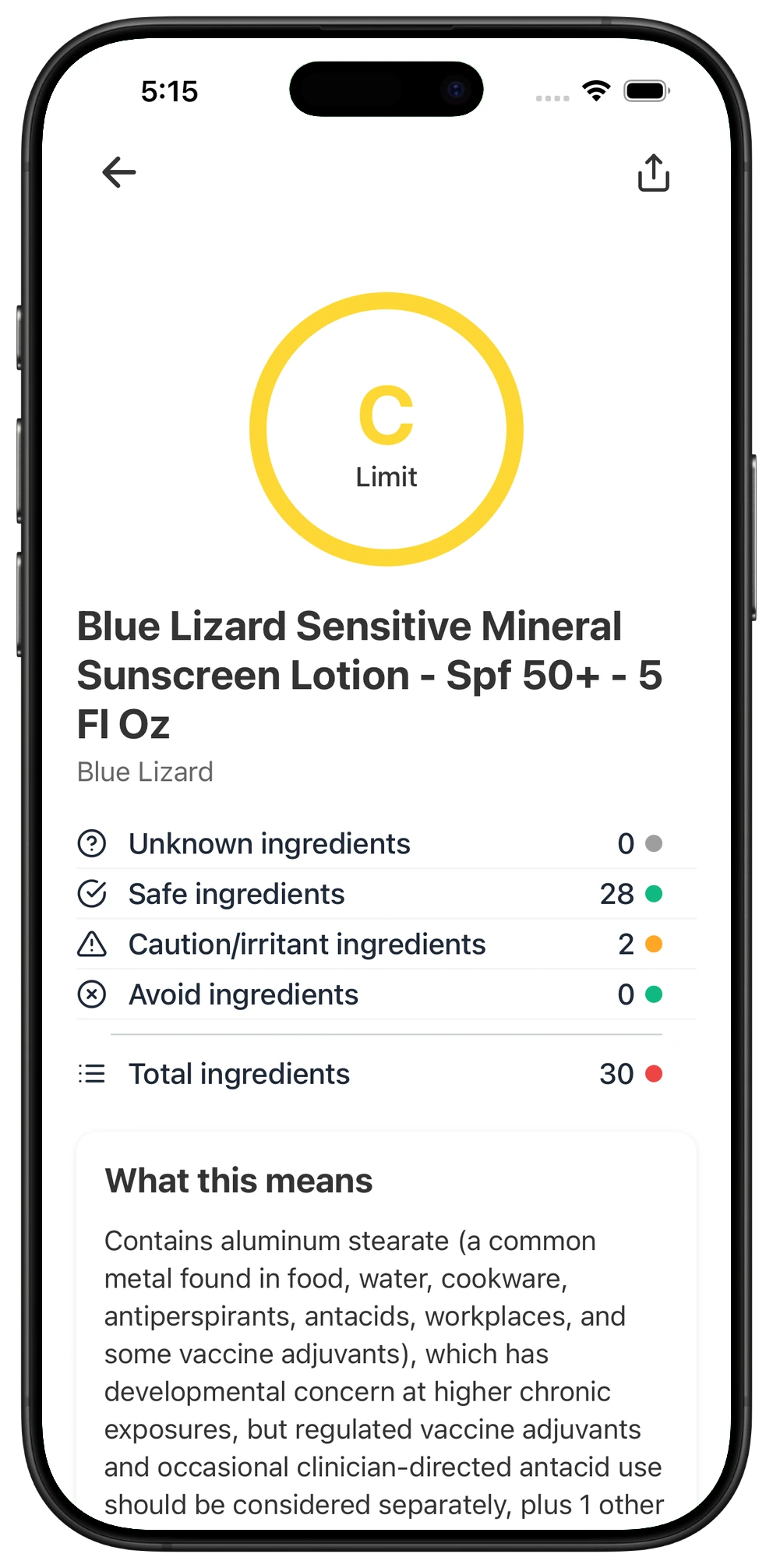 Pregnancy Safe app result for Blue Lizard Sensitive Mineral Sunscreen Lotion - Spf 50+ - 5 Fl Oz