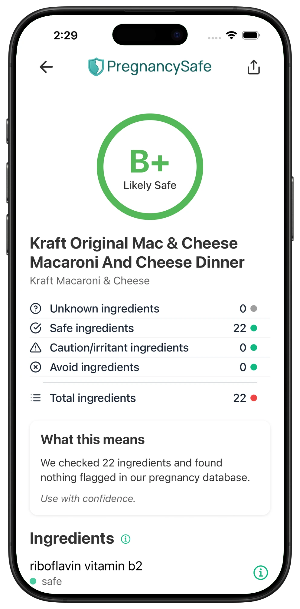 Pregnancy Safe app result for Kraft Original Mac & Cheese Macaroni And Cheese Dinner