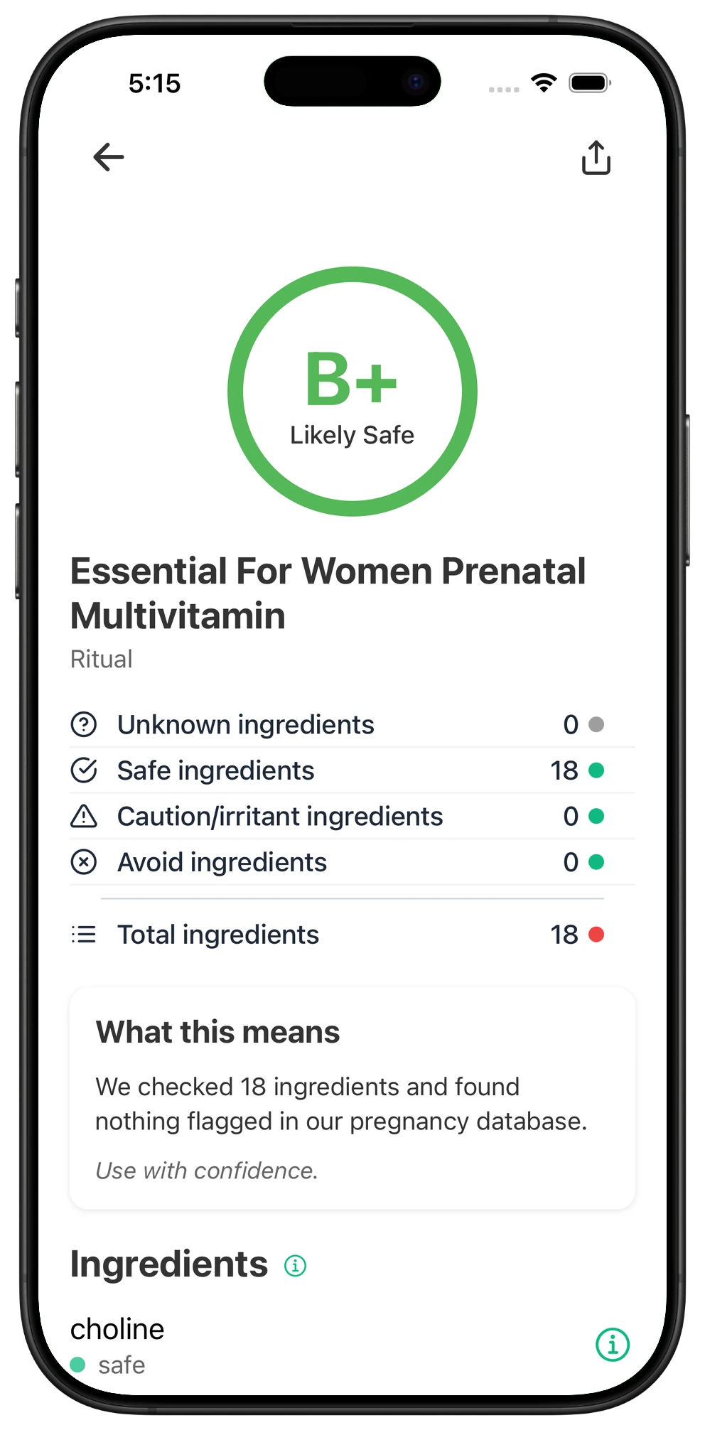 Pregnancy Safe app result for Essential For Women Prenatal Multivitamin