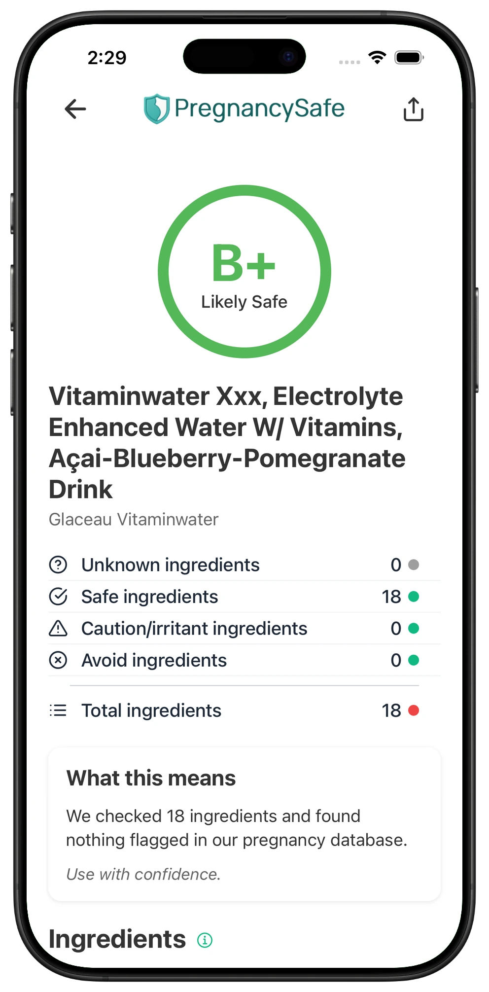 Pregnancy Safe app result for Vitaminwater Xxx, Electrolyte Enhanced Water W/ Vitamins, Açai-Blueberry-Pomegranate Drink