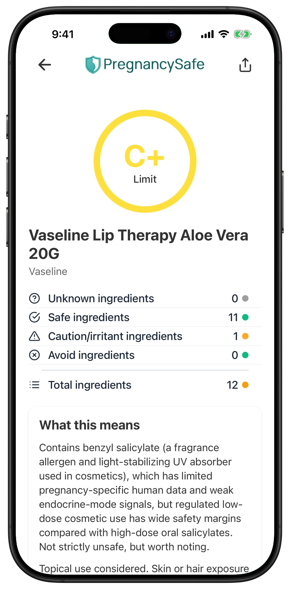 Pregnancy Safe app result for Vaseline Lip Therapy Aloe Vera 20G