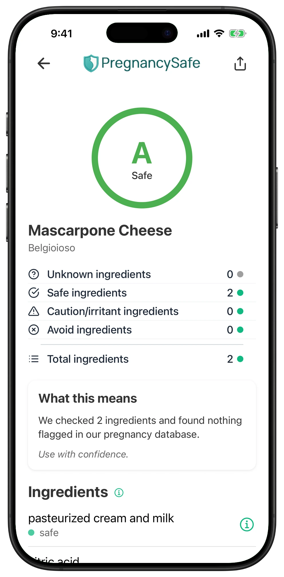 Pregnancy Safe app result for Mascarpone Cheese