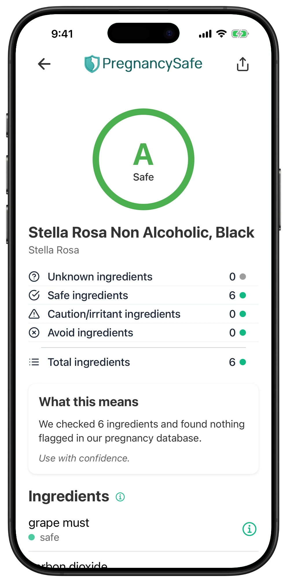 Pregnancy Safe app result for Stella Rosa Non Alcoholic, Black