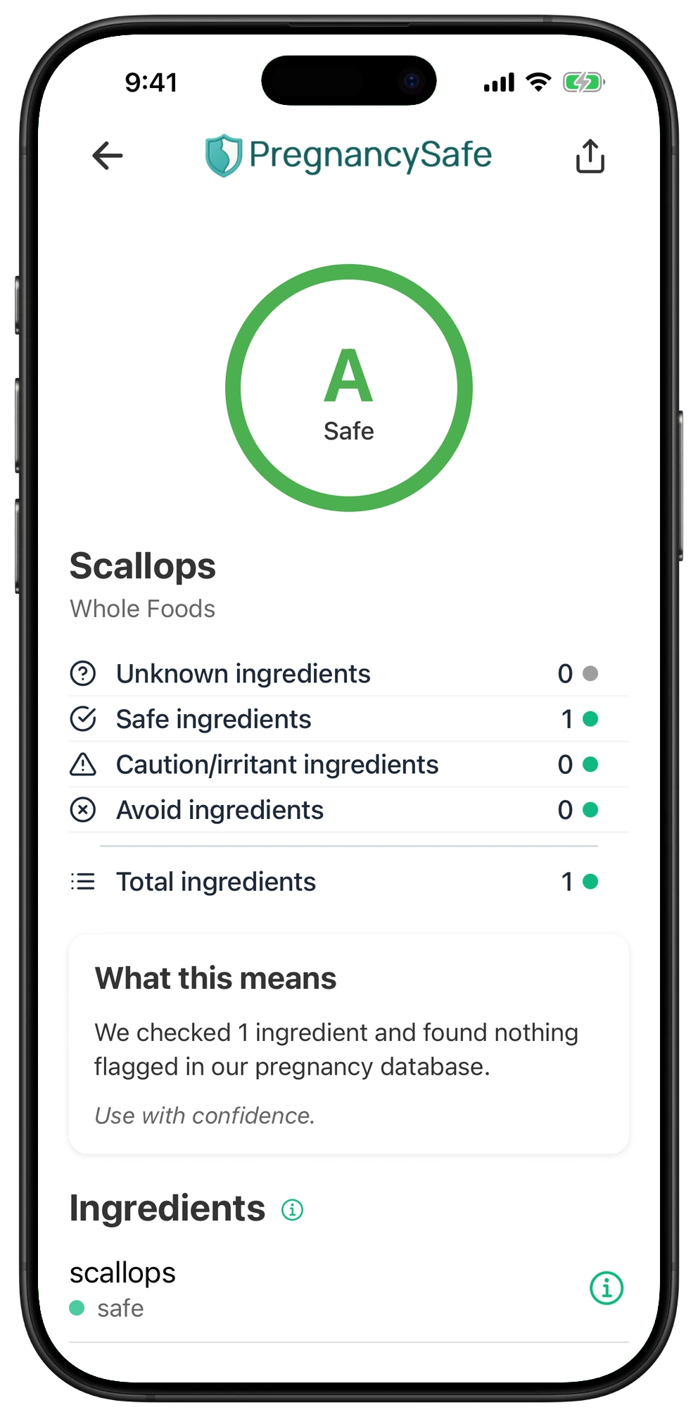 Pregnancy Safe app result for Scallops