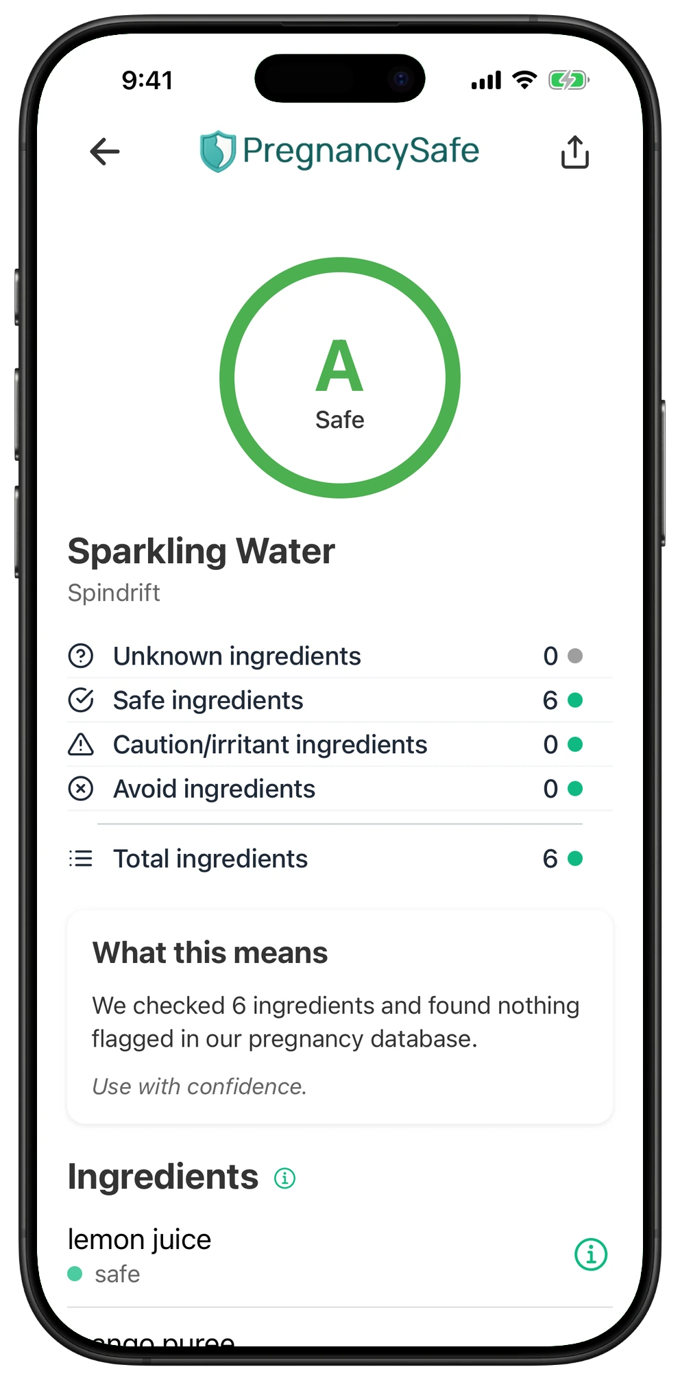 Pregnancy Safe app result for Sparkling Water