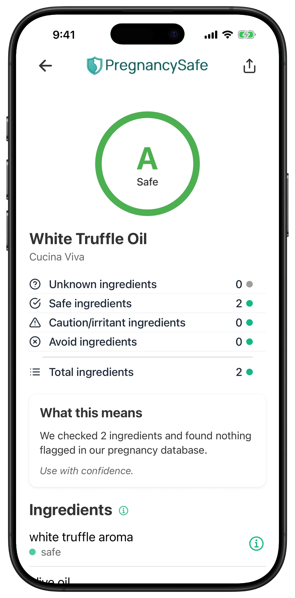 Pregnancy Safe app result for White Truffle Oil